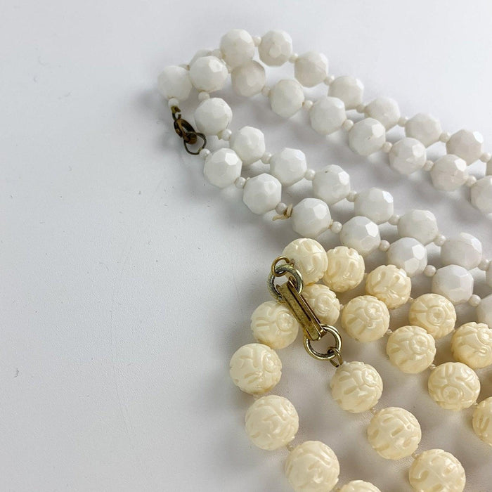 Vintage Long White Faceted & Pressed Design Plastic Bead Necklaces - Lot of 2 7