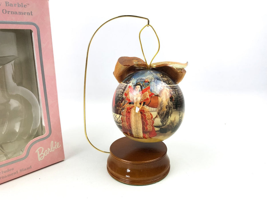 Holiday Barbie Doll Christmas Ornament 1997 4" Decoupage Ball Hanging Stand 8