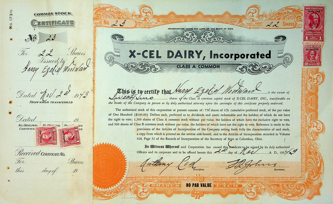 X-Cel Dairy Company Stock Certificate Bond Scripophilly Akron Ohio 1943 No 23