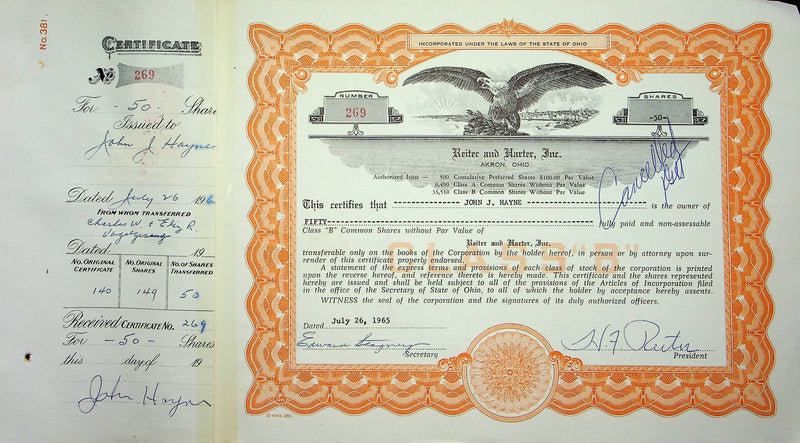 Reiter Dairy Company Stock Certificate Bond Scripophilly Akron Ohio 1965 No 269