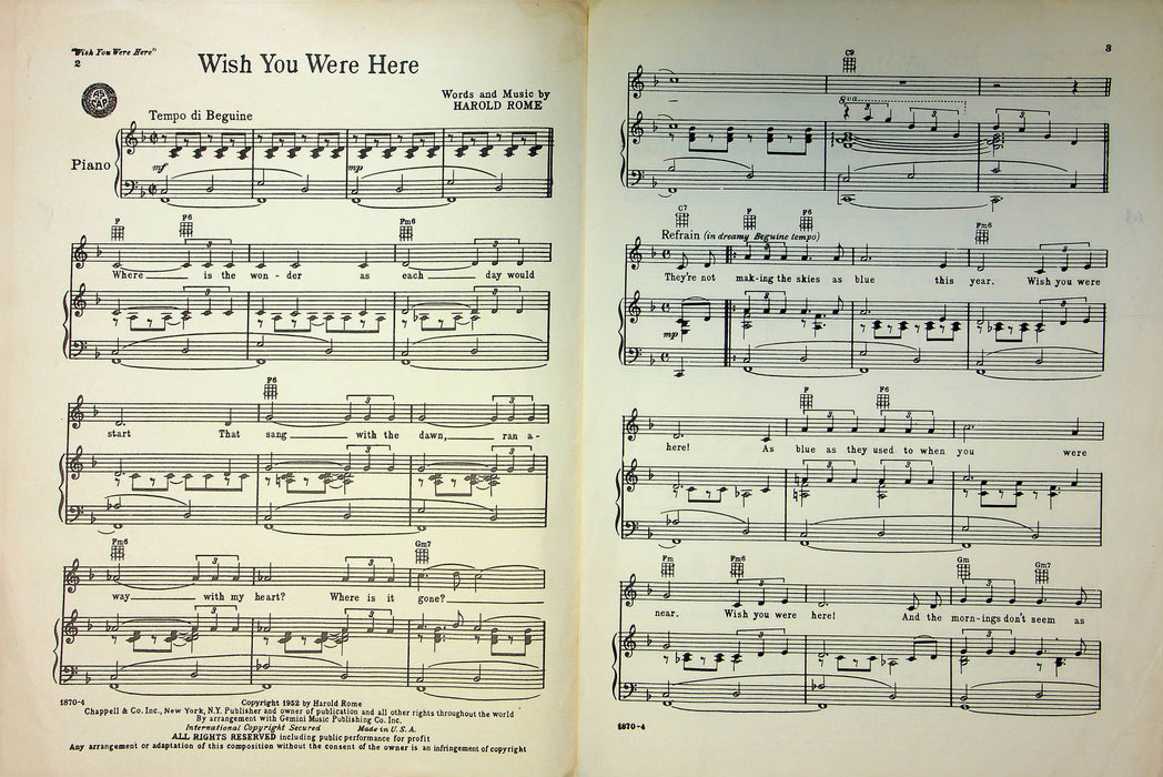 Wish You Were Here Sheet Music Musical Comedy Leland Hayward Joshua Logan H Rome 2