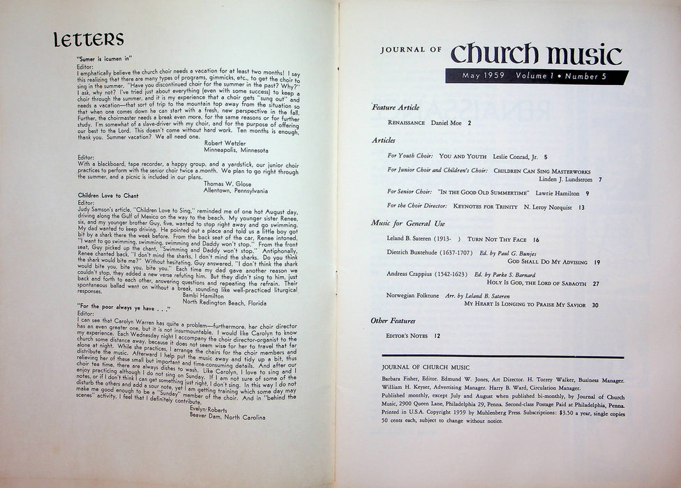 Journal of Church Music Magazine May 1959 Renaissance Daniel Moe Leslie Conrad 5