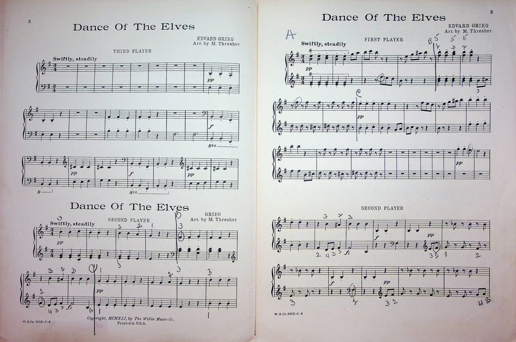 Dance of the Elves Sheet Music Edvard Grieg 1941 Piano Song 3 Players Thresher 2