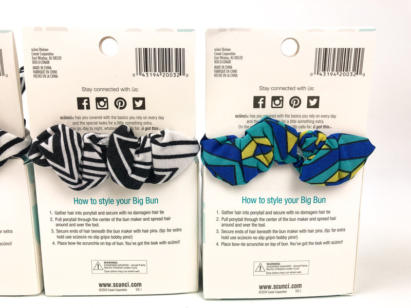 3pk Scunci Bun Maker 6-Piece Kit Hair Accessory Donut Ring Shaper Scrunchie Bow