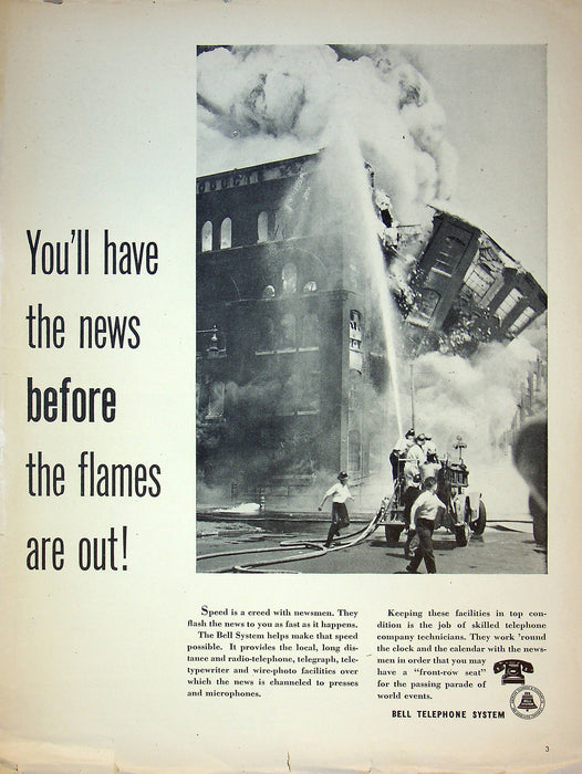 1947 Bell Telephone System Ad You'll Have News Before Flames Are Out 14"x10"