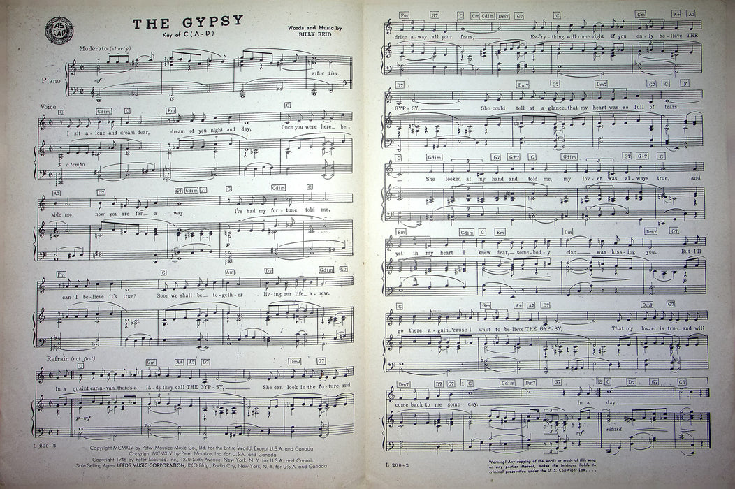 Sheet Music The Gypsy Billy Reid 1946 Louis Prima Dinah Shore Piano Vocal 3