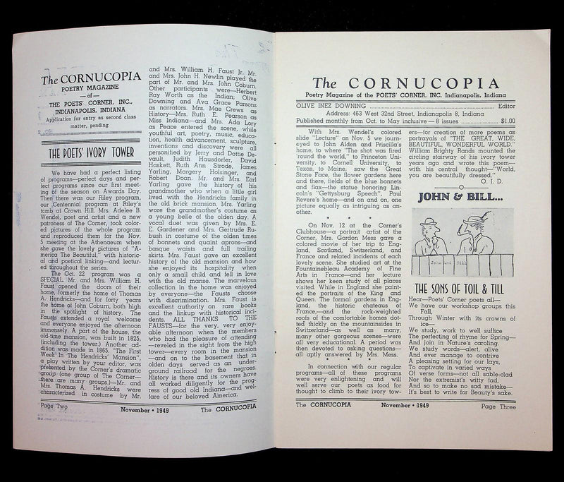 1949 Cornucopia Poetry Magazine Governor Thomas A Hendricks Play Poets Corner