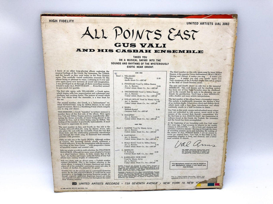 Gus Vali All Points East Record 33 UAL 3083 United Artists 1960 High Fidelity 3