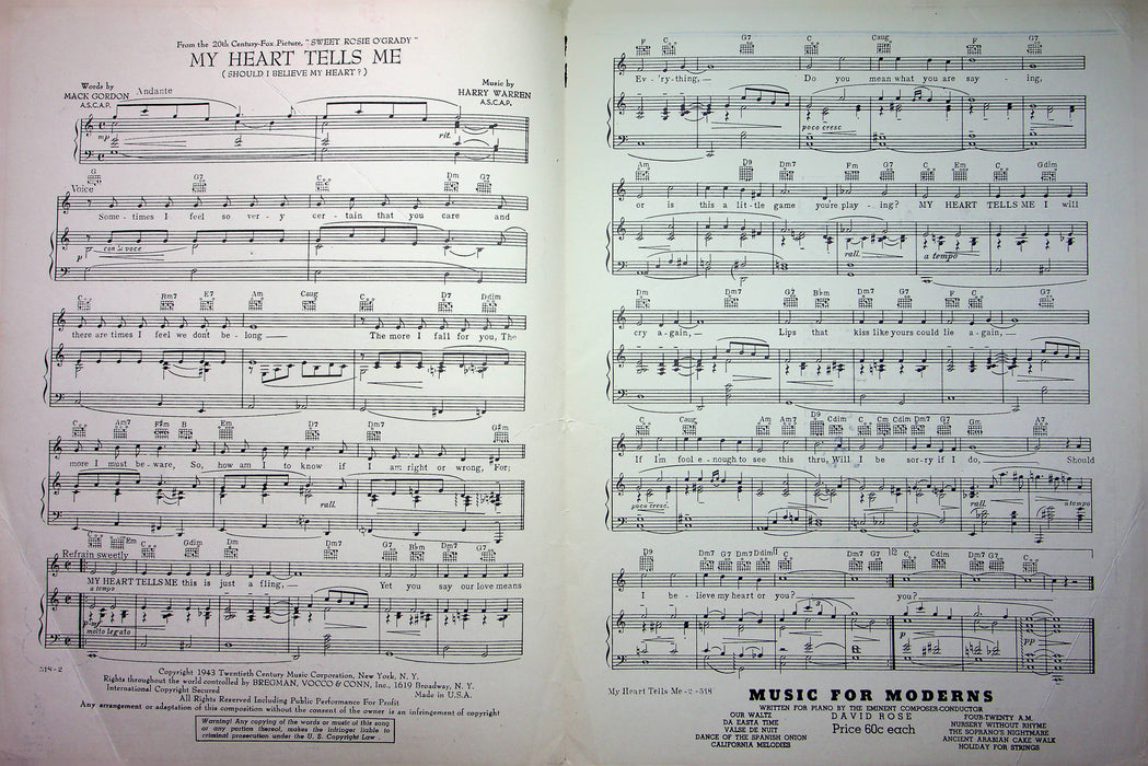 My Heart Tells Me Sheet Music Song Lyrics 1943 Betty Grable Sweet Rosie OGrady 1 2