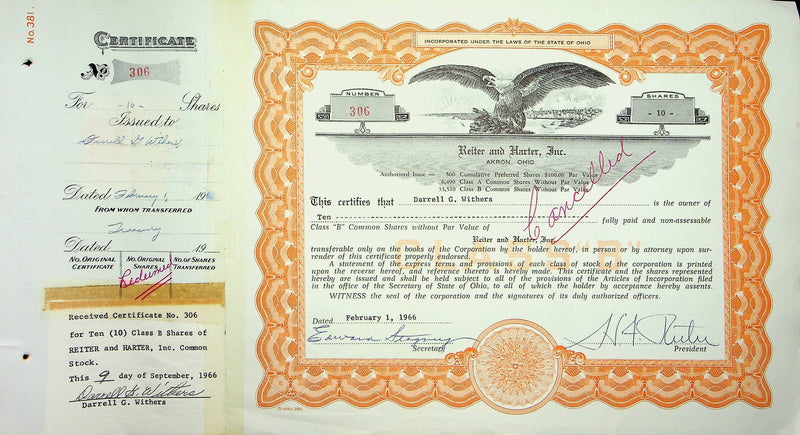 Reiter Dairy Company Stock Certificate Bond Scripophilly Akron Ohio 1966 No 306