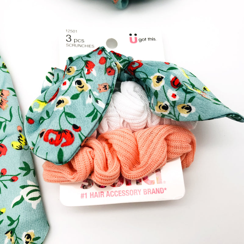5-Piece Scunci Scrunchies Scarves Hair Ties Green Floral Wild Flowers Summer