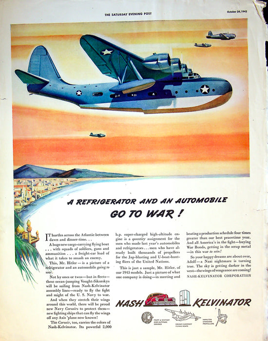 1942 Nash Kelvinator Vought-Sikorsky Airplanes Print Ad War Time 13"x10"