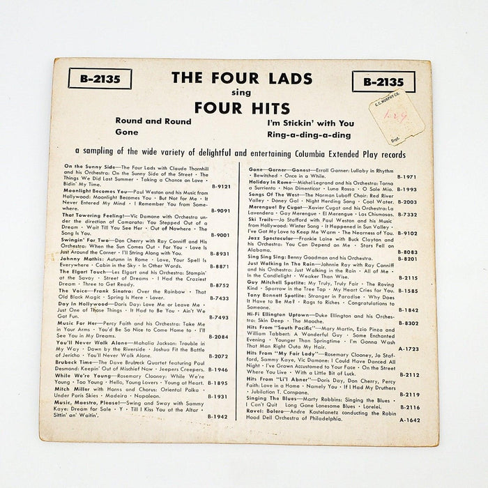 The Four Lads Sing Four Hits 45 RPM EP Record Columbia B-2135 2