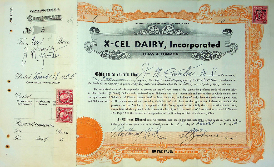 X-Cel Dairy Company Stock Certificate Bond Scripophilly Akron Ohio 1935 No 6