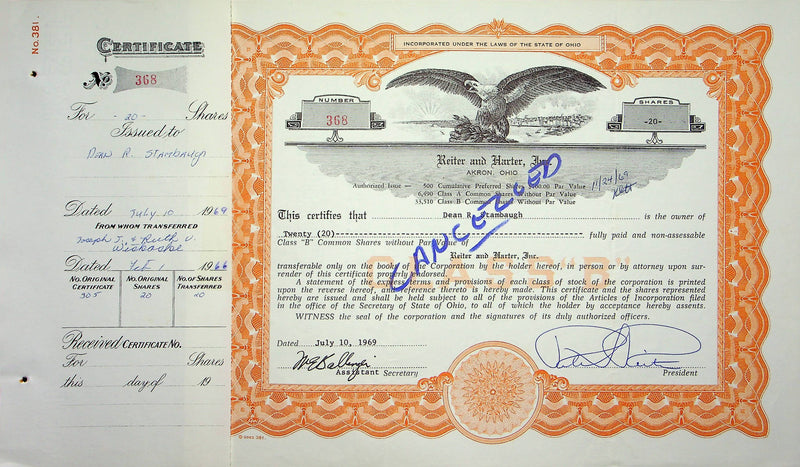 Reiter Dairy Company Stock Certificate Bond Scripophilly Akron Ohio 1969 No 368