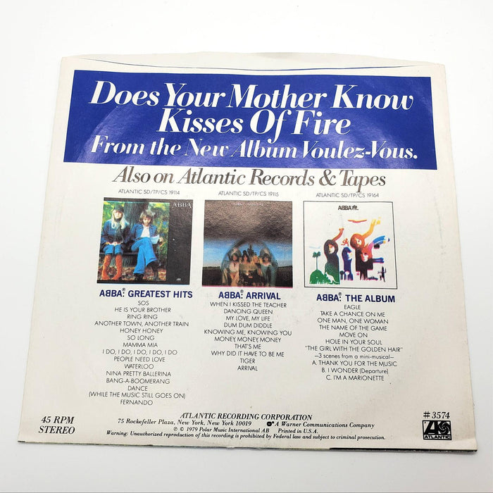ABBA Does Your Mother Know / Kisses Of Fire Single Record Atlantic 1979 3574 2
