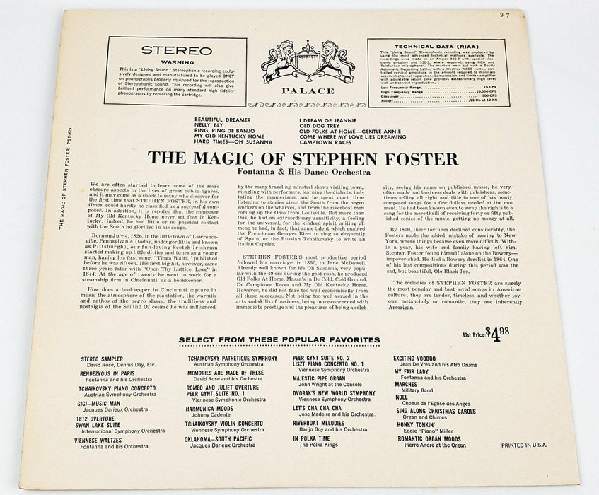 Stephen Foster The Magic Of Stephen Foster Record LP PST-639 Palace 2
