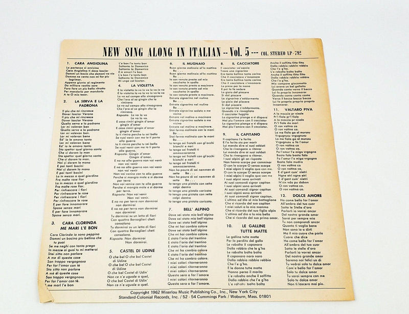 New Sing Along in Italian Vol 5 Record 33 RPM LP COL-ST-792 Colonial 7