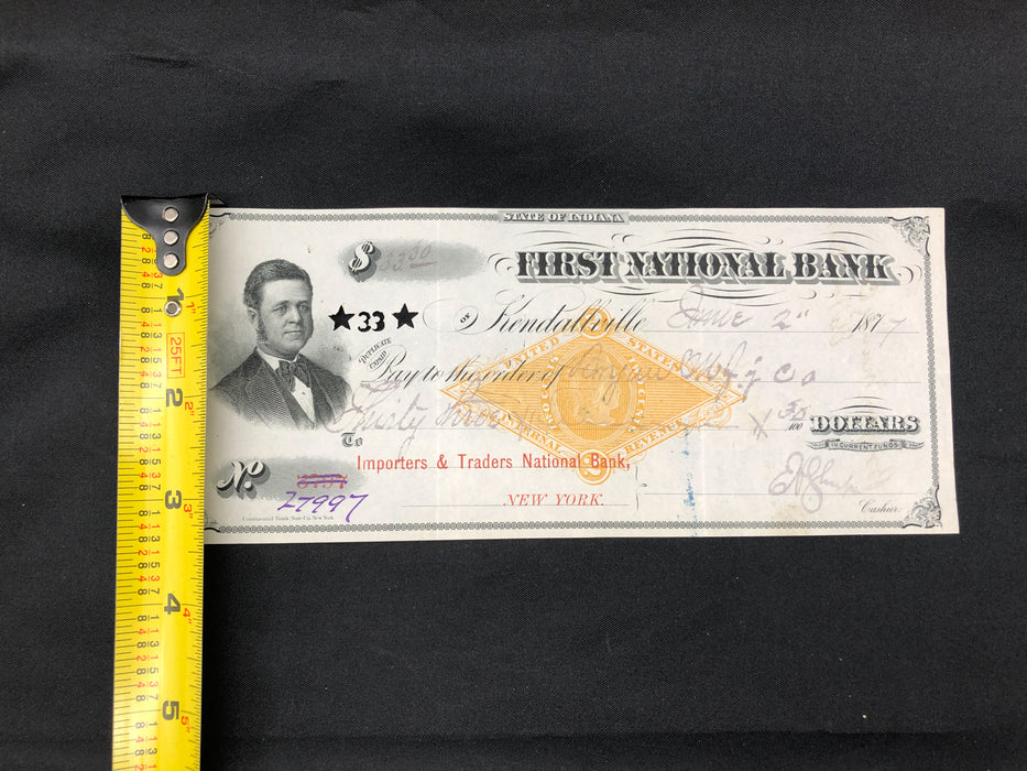 Antique Bank Check Original 1877 First National Bank Indiana 27997 Hole Punched