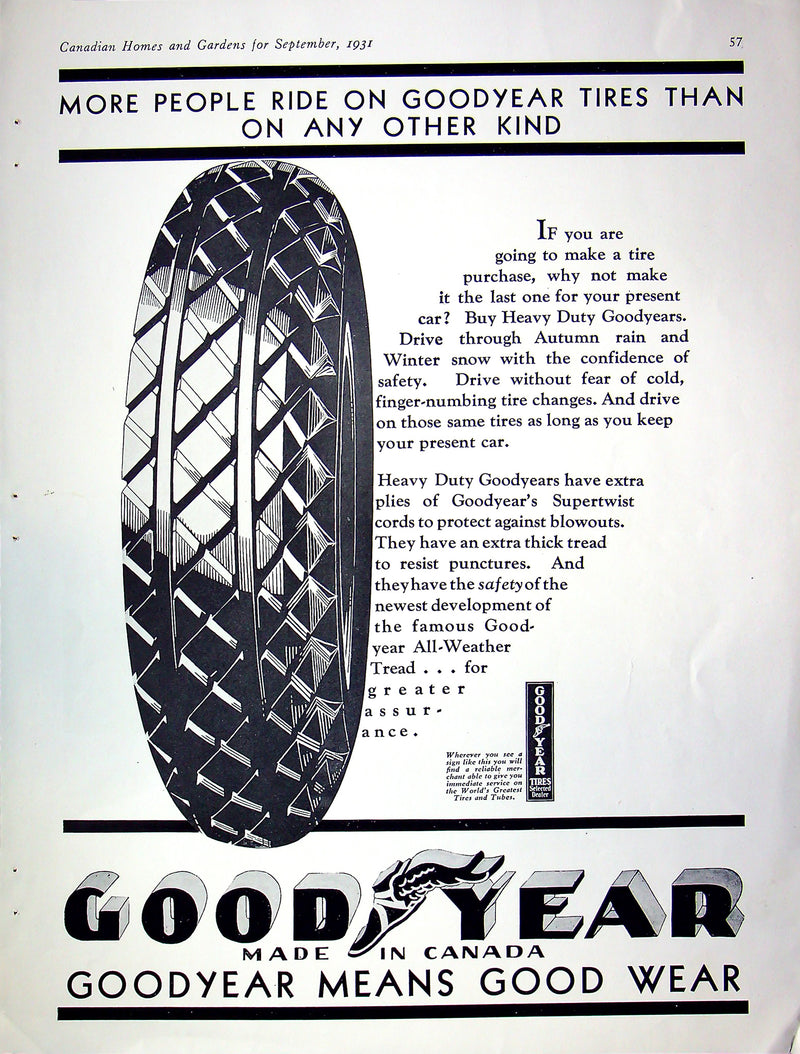 1931 Goodyear Heavy Duty Tires Print Ad Goodyear Means Good Wear 12"x10"