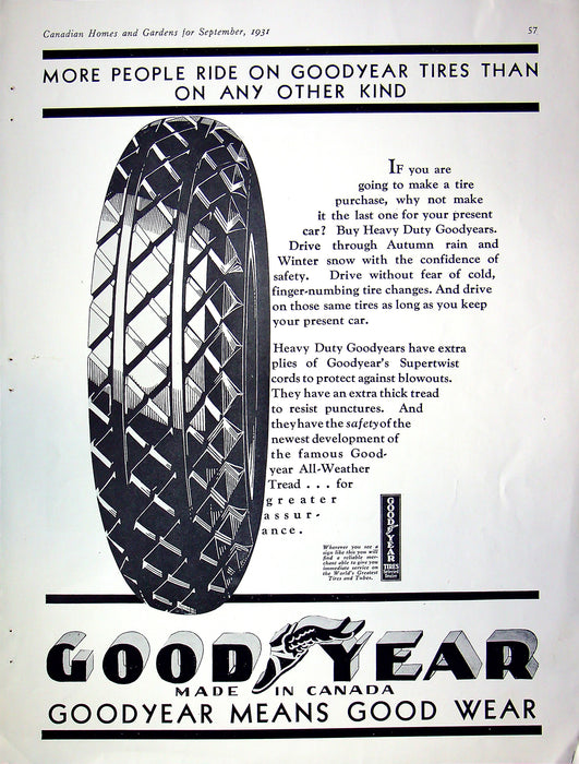 1931 Goodyear Heavy Duty Tires Print Ad Goodyear Means Good Wear 12"x10"