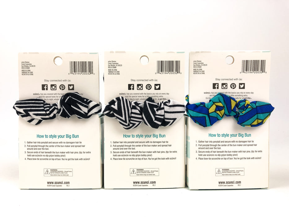 3pk Scunci Bun Maker 6-Piece Kit Hair Accessory Donut Ring Shaper Scrunchie Bow