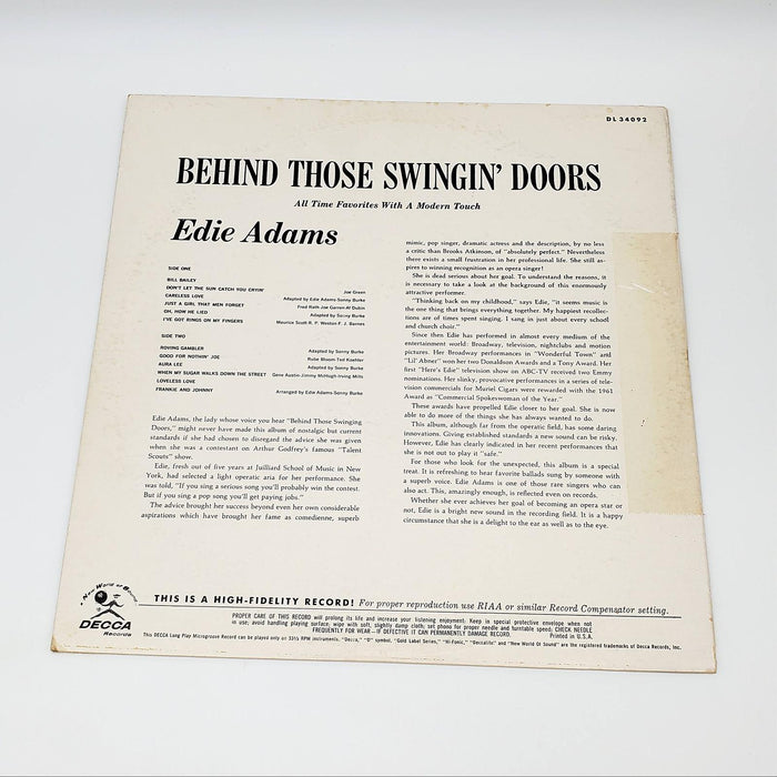 Edie Adams Behind Those Swingin' Doors LP Record Decca 1964 DL34092 2