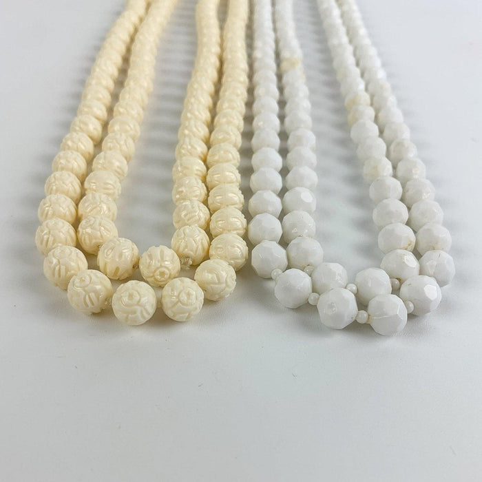 Vintage Long White Faceted & Pressed Design Plastic Bead Necklaces - Lot of 2 3