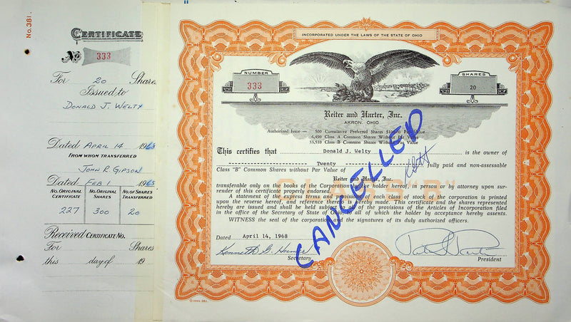 Reiter Dairy Company Stock Certificate Bond Scripophilly Akron Ohio 1968 No 333