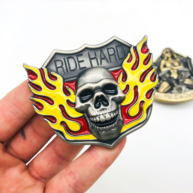 Pewter Belt Buckle Flaming Skull V-Twins Motorcycle Biker Lady Bradford Exchange