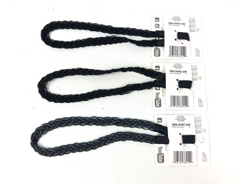 3-PK Scunci Beaded Headwrap Black Silver Metallic Beads Hair Wrap Style 38214-A