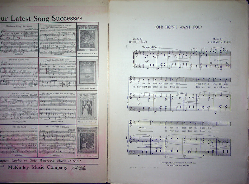 Sheet Music Oh How I Want You Arthur J Lamb Clarence M Jones 1916 Piano Waltz 2
