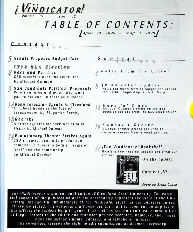 Vindicator Magazine CSU Ohio 1998 Vol 28 # 12 Ronn Torossian, Race & Politics 2