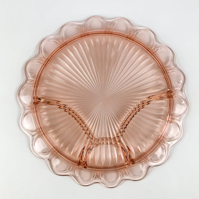 Pink Scallop Edge Pressed Glass Divided Serving Plate Tray Platter - 13" 1