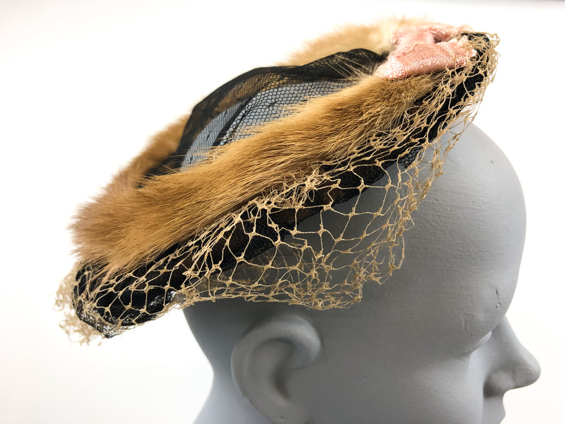 Vintage Fur Trimmed Open Crown Fascinator Hat w/ Grid Netting & Pink Bow Accent