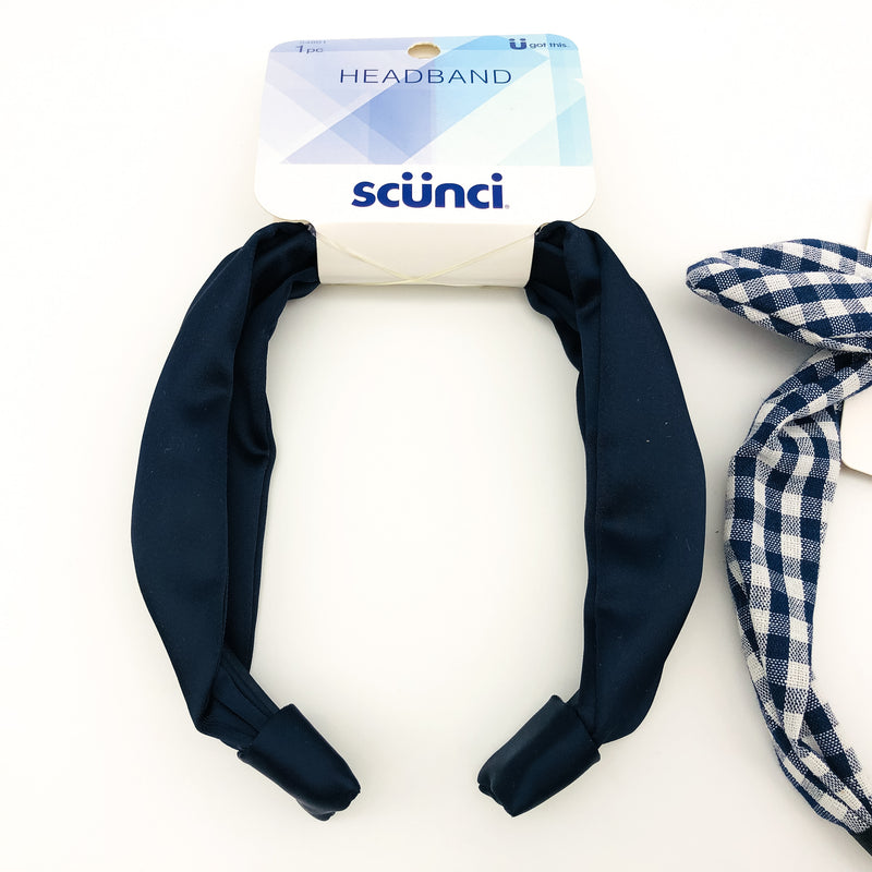 4-Piece Scunci Headband Head Bands Scrunchies Lot Hair Ties Blue Checkered Silk
