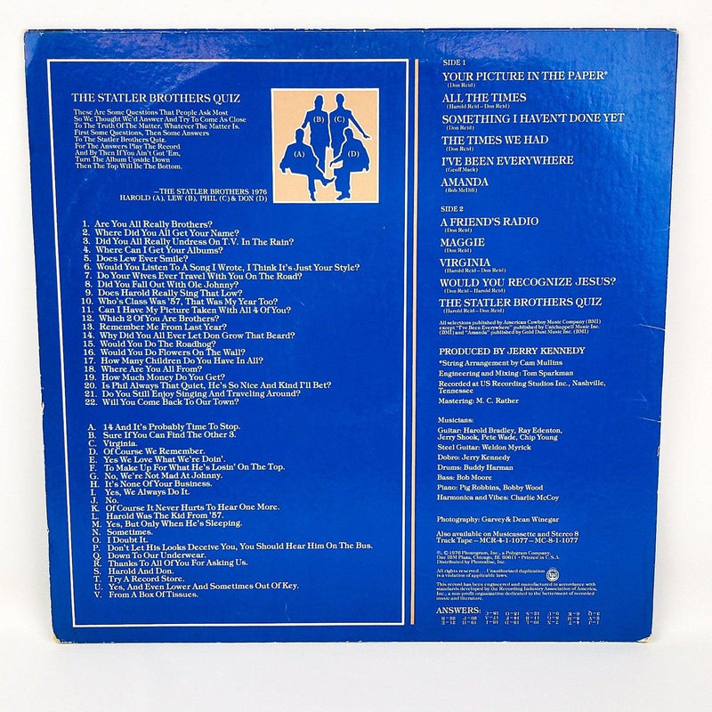 The Statler Brothers Harold, Lew, Phil & Don Record 33 RPM LP Mercury 1976 2
