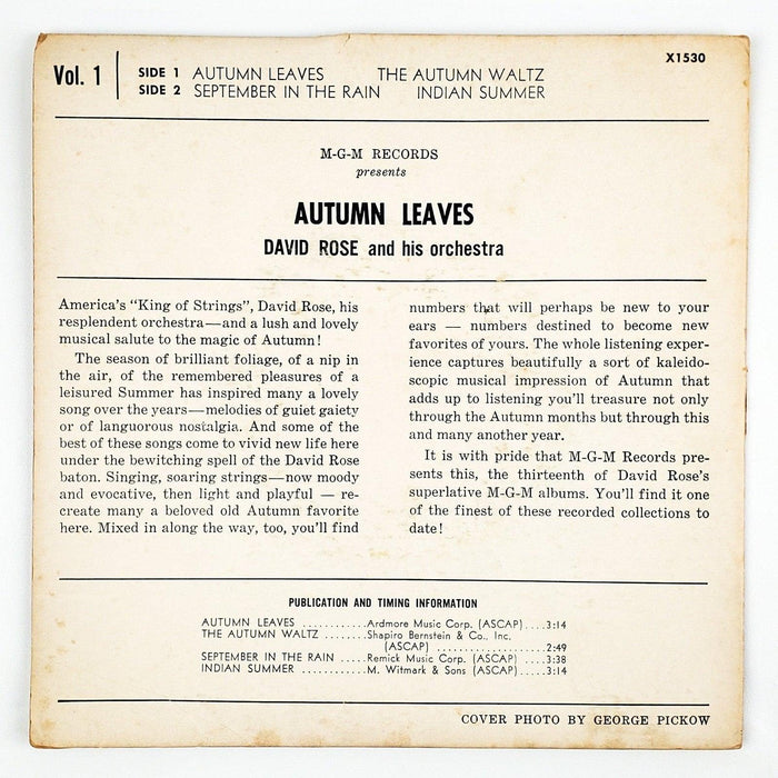 David Rose Autumn Leaves Vol 1 Record 45 RPM EP X1530 MGM 1957 2