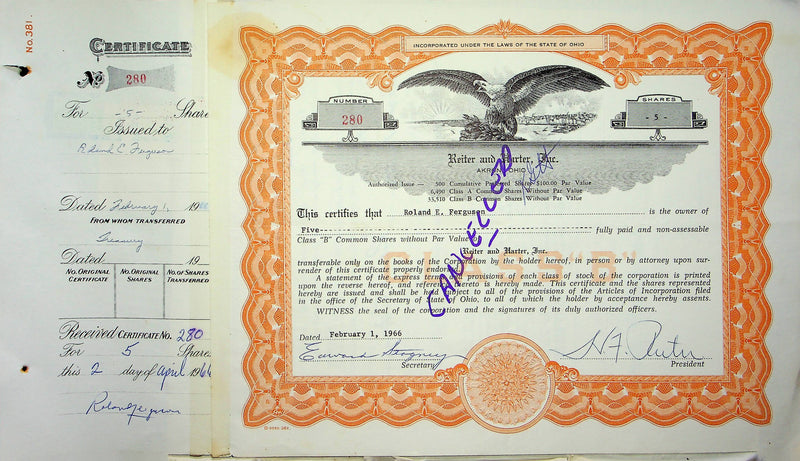 Reiter Dairy Company Stock Certificate Bond Scripophilly Akron Ohio 1966 No 280