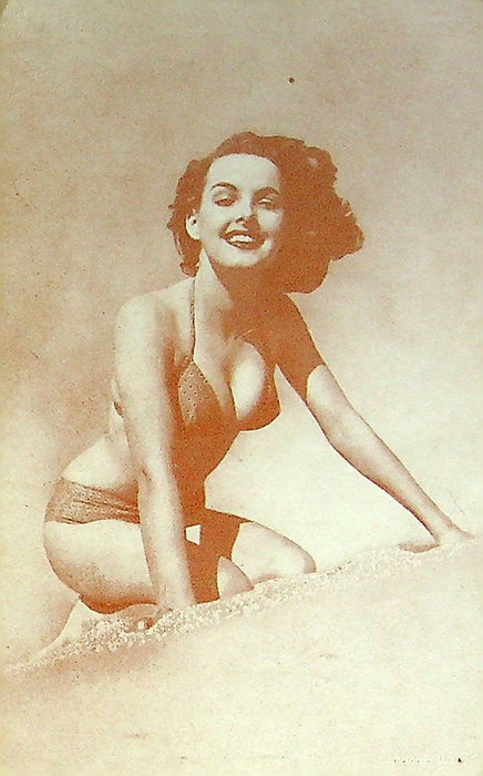 US 50s Pin Up Promo Photo Card Woman Model Bikini Swimsuit Peacock Print Beach