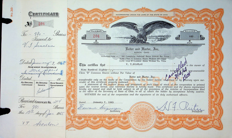 Reiter Dairy Company Stock Certificate Bond Scripophilly Akron Ohio 1965 No 204