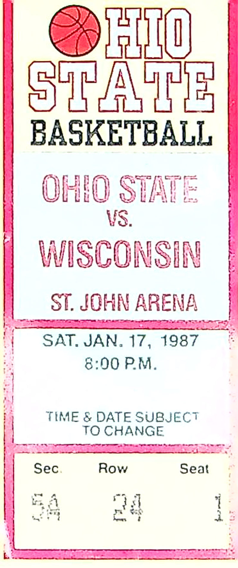 OSU Buckeye Mens Basketball Game Ticket Stub Jan 1987 Vs. Wisconsin Badgers