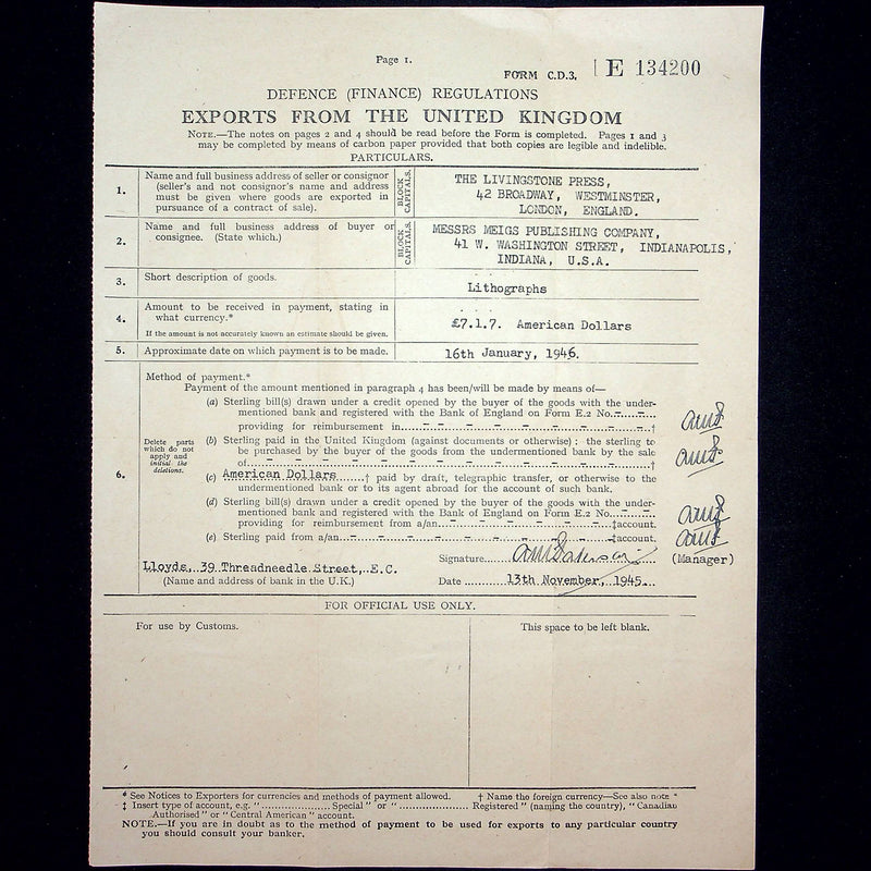 London Customs Export Document 1946 Livingstone Press to Messrs Meigs Publishing
