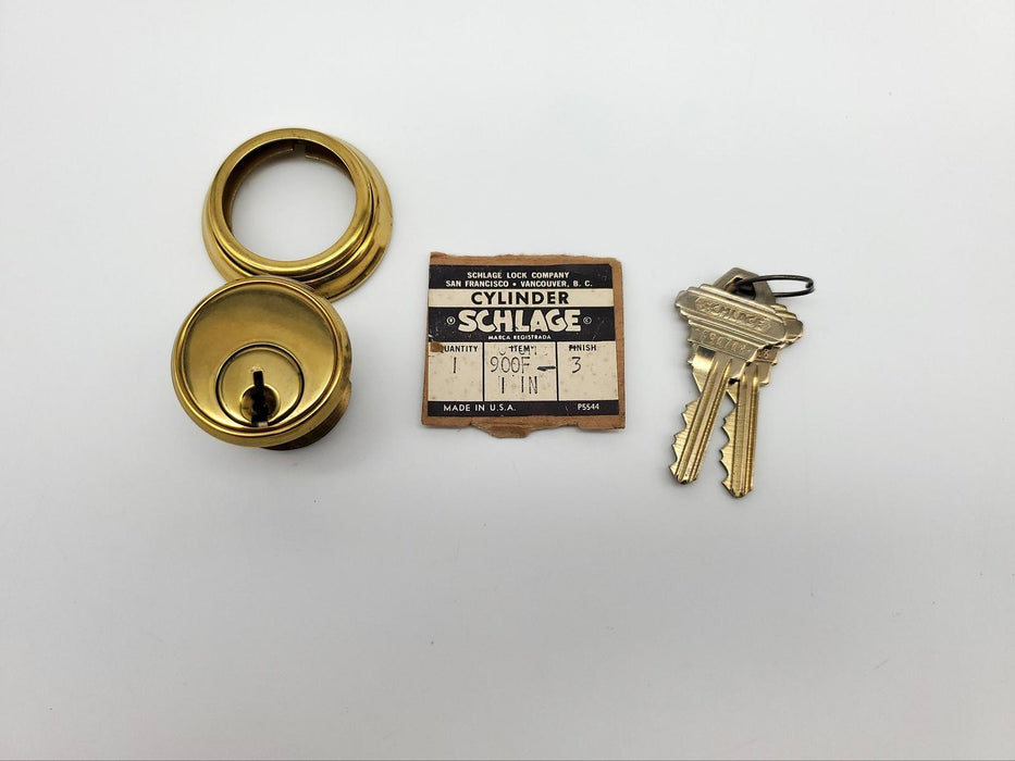 Schlage Mortise Lock Cylinder 1" Length 900 F Keyway Bright Brass US3 NOS