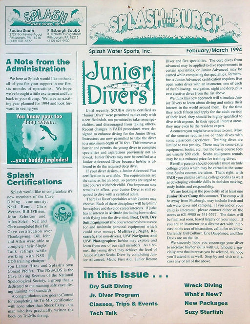 Splash In the Burgh Feb/March 1994 Splash Water Sports Inc Newsletter 1