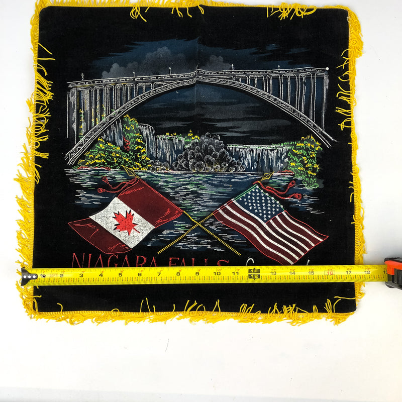 Vintage Niagara Falls Pillow Cover Velvet Souvenir Fringed Cloth Ontario Canada