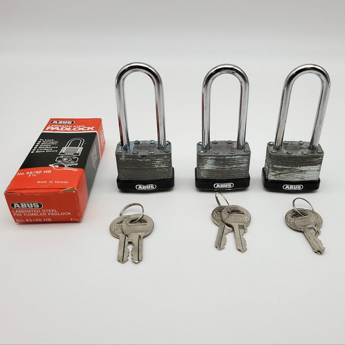 3x Abus Padlock 45/40 HB 2-3/8" Long Shackle Laminated Steel Keyed KA 1 NOS