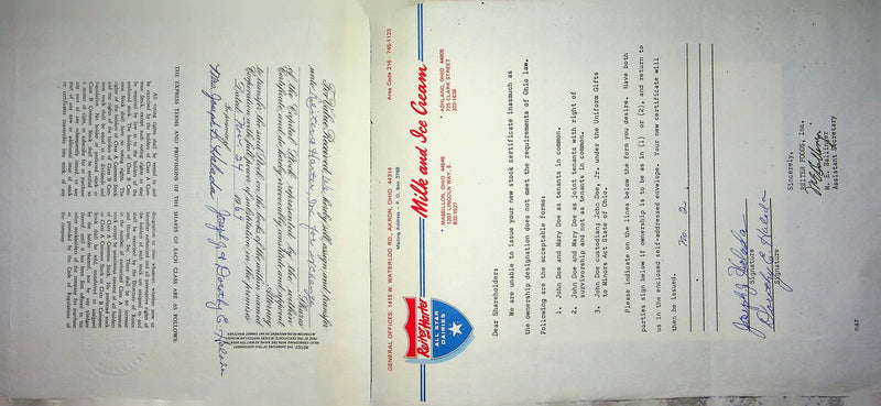 Reiter Dairy Company Stock Certificate Bond Scripophilly Akron Ohio 1966 No 313