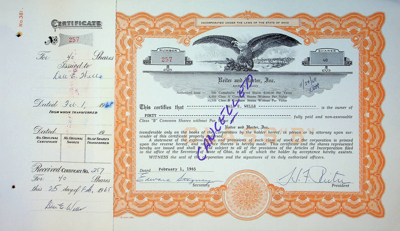Reiter Dairy Company Stock Certificate Bond Scripophilly Akron Ohio 1965 No 257