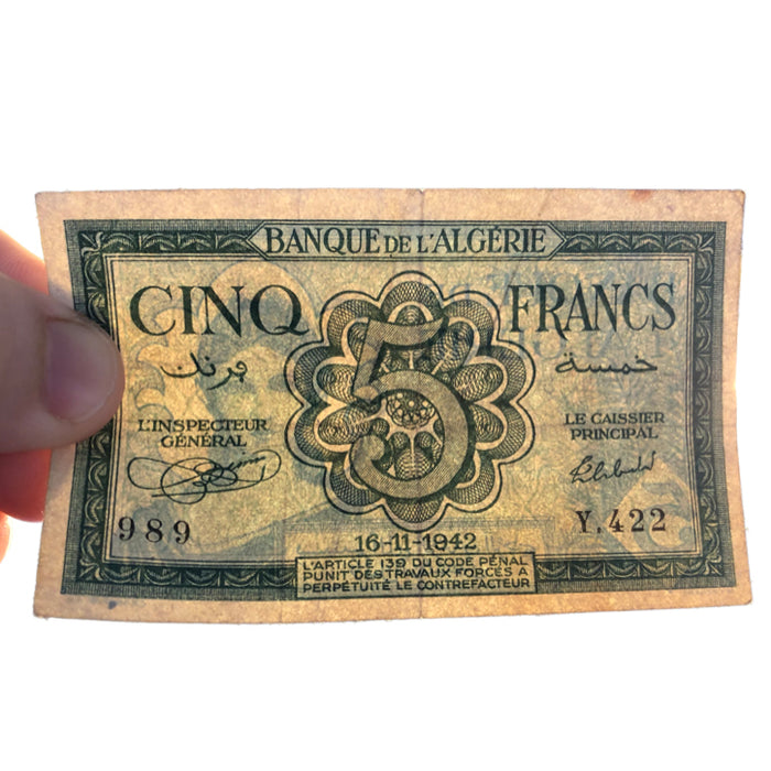 WW2 Cinq 5 Francs Banque de L Algerie Currency Bank Note Banknote 16-11-1942